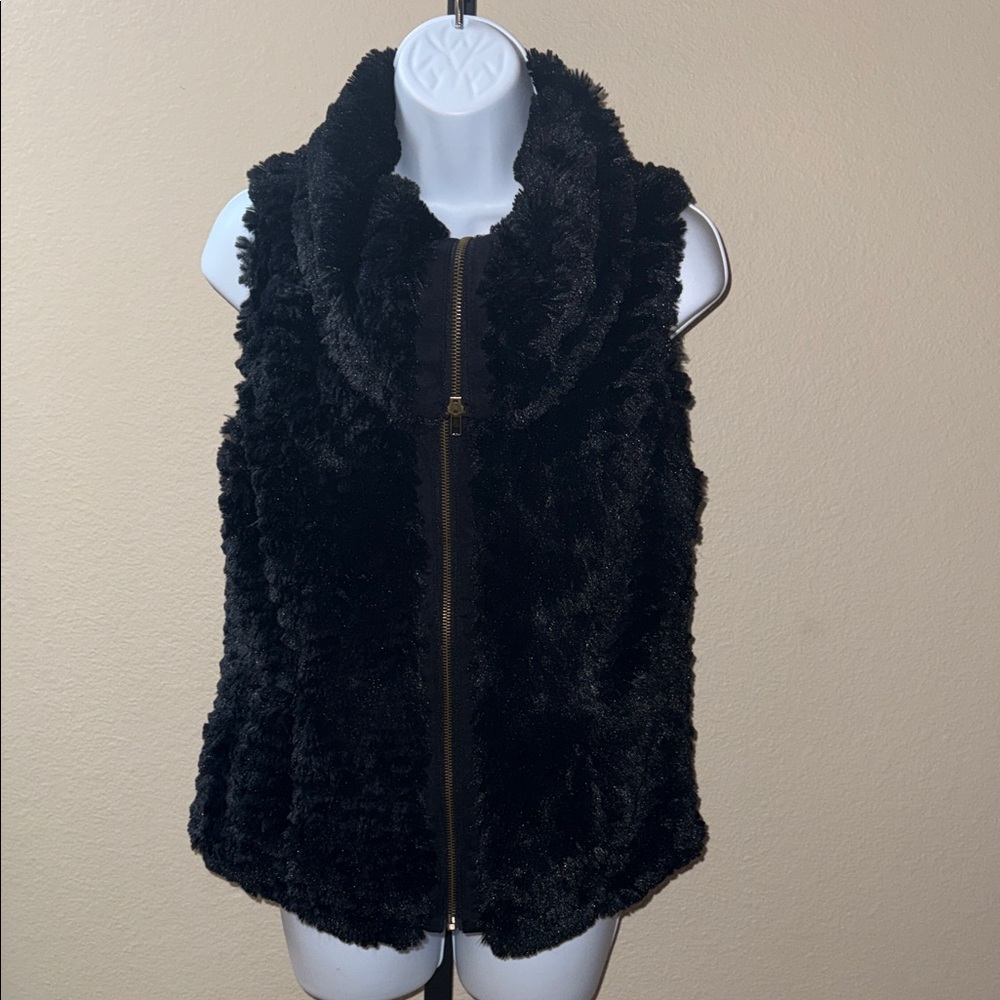 Fever Black Plush Texture Faux Fur Vest Sleeveless Zip Up Mock Neck Women’s Sz S